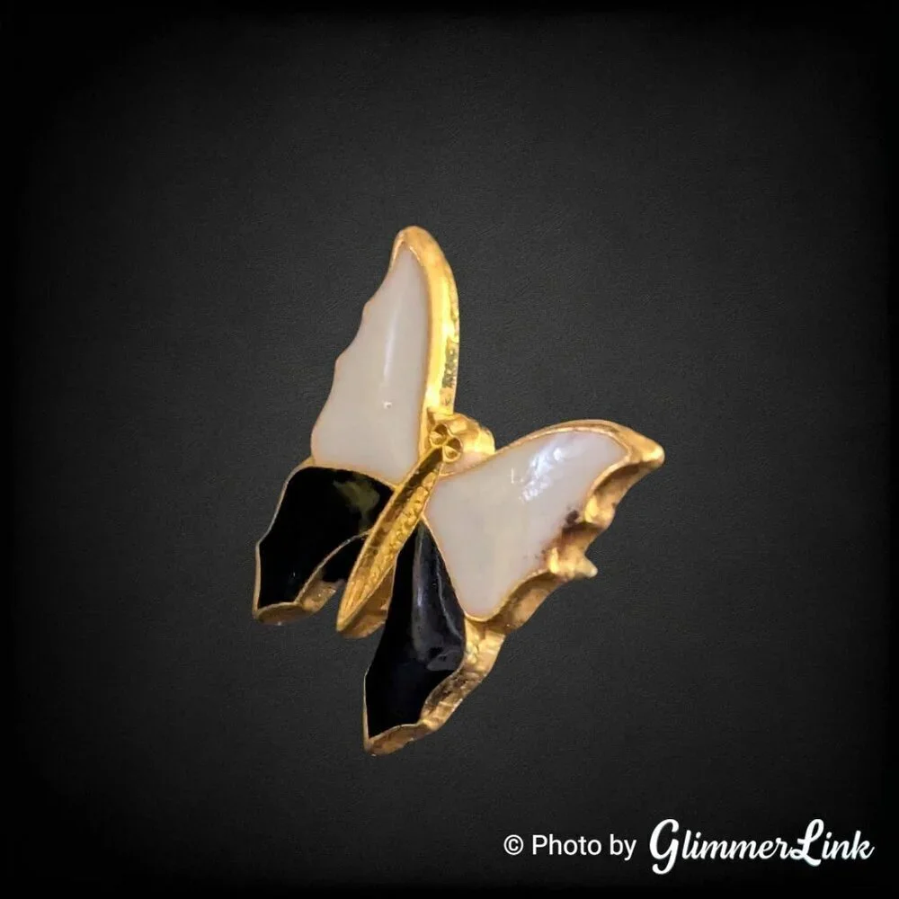 Vintage Dainty Black & White Enamel Butterfly Gold Tone Lapel Pin / Tie Tack
